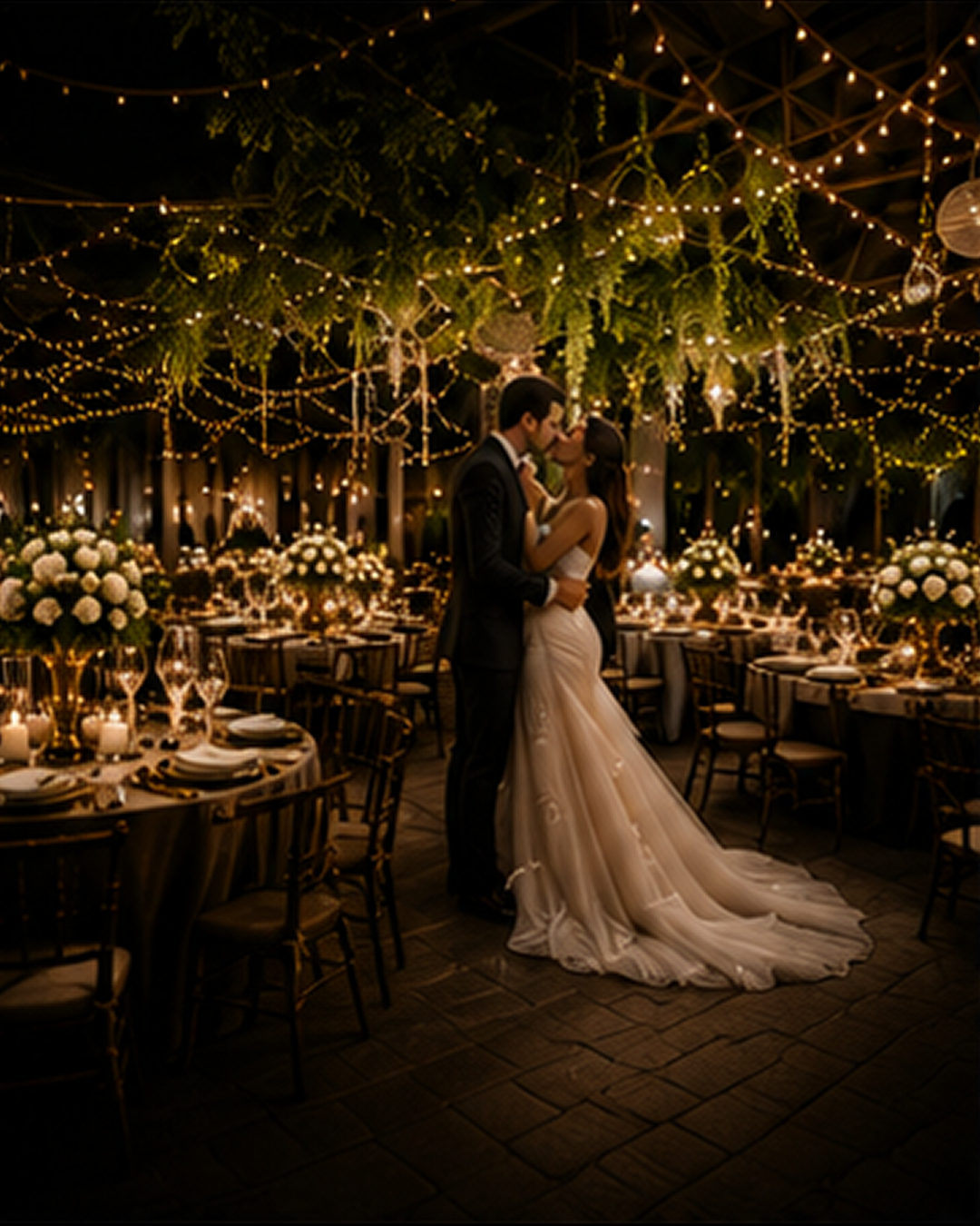 Novios besándose en la recepción, salón decorado con luces cálidas