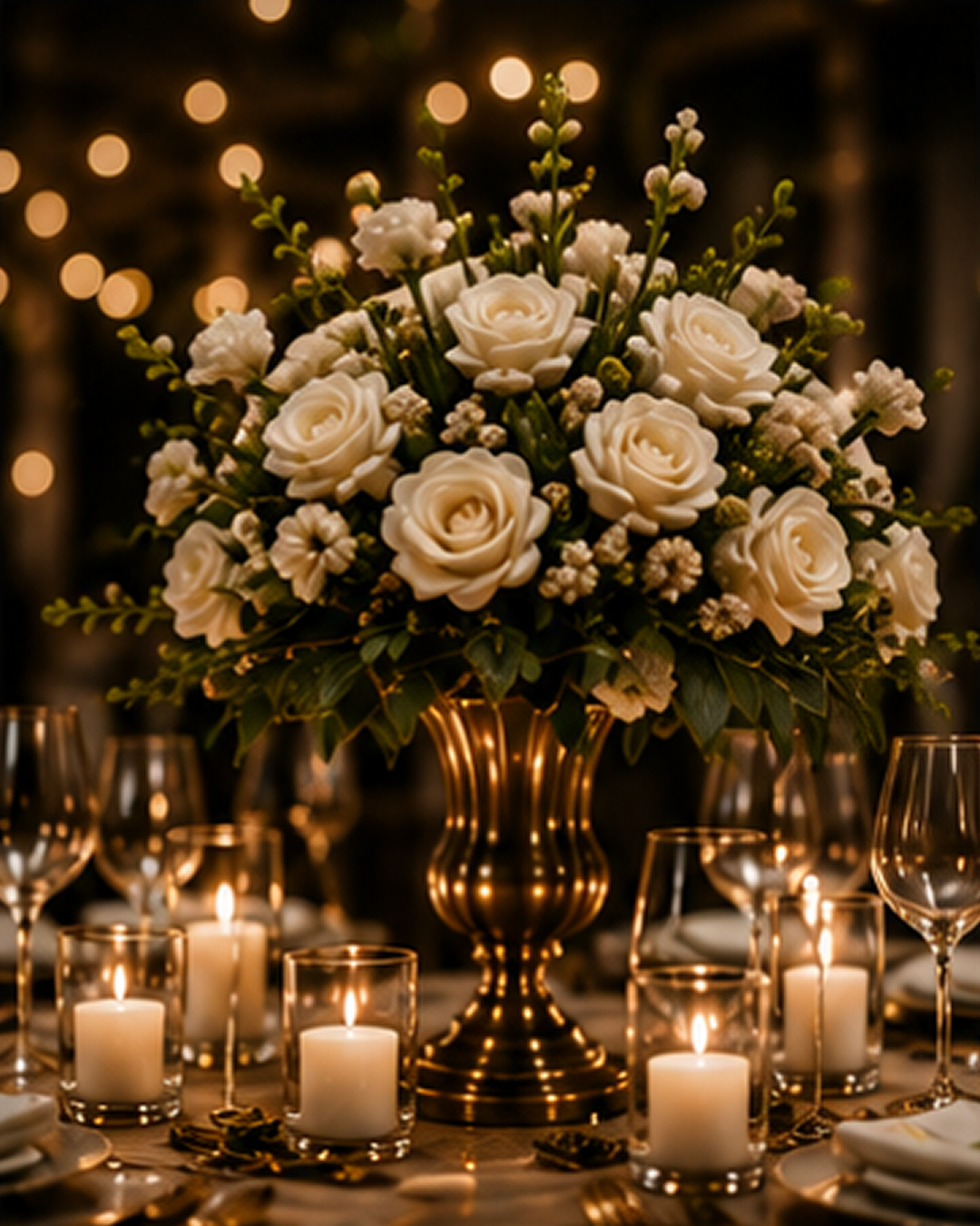 Centro de mesa con rosas blancas y velas