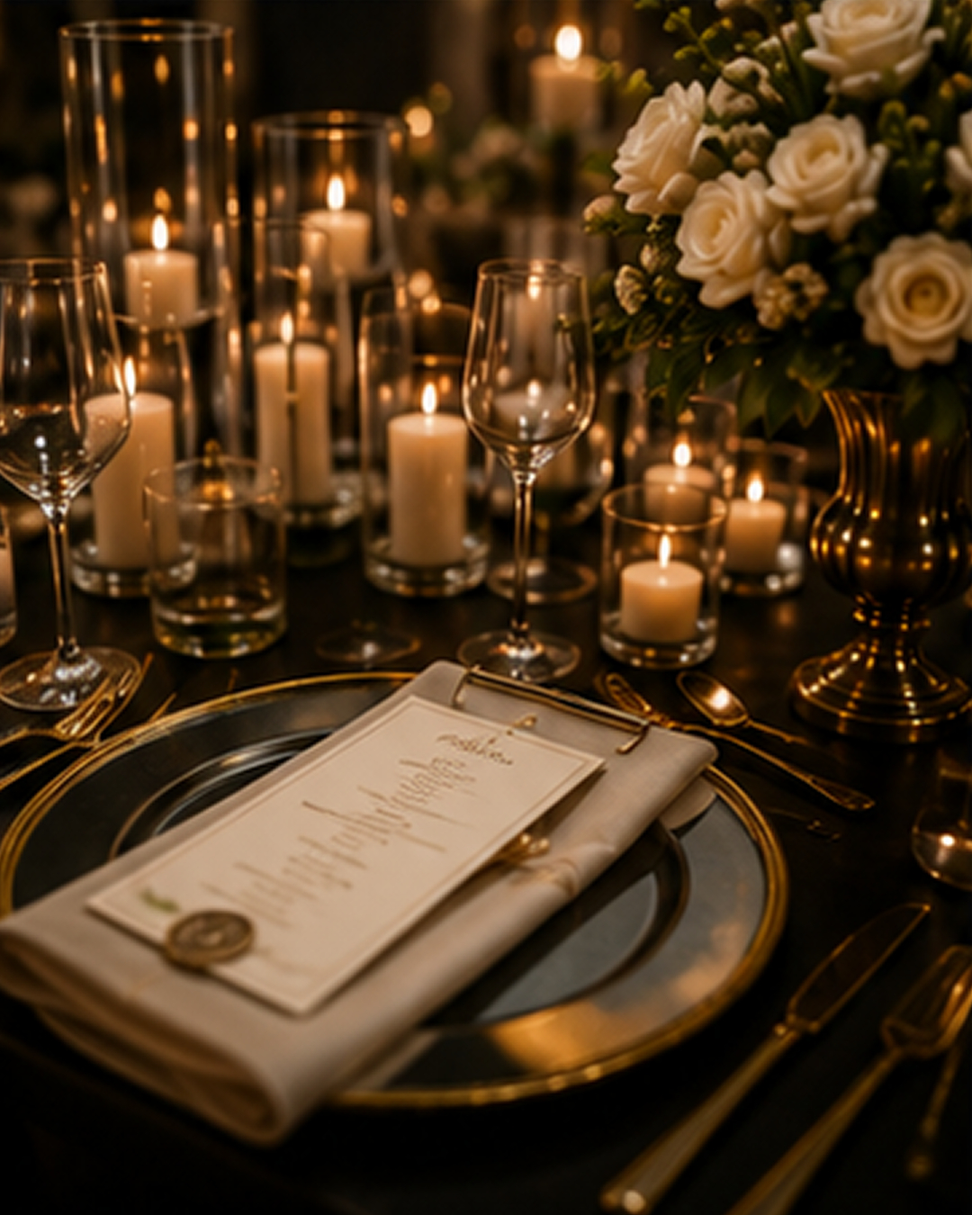Mesa de recepción con menú, velas y vajilla dorada